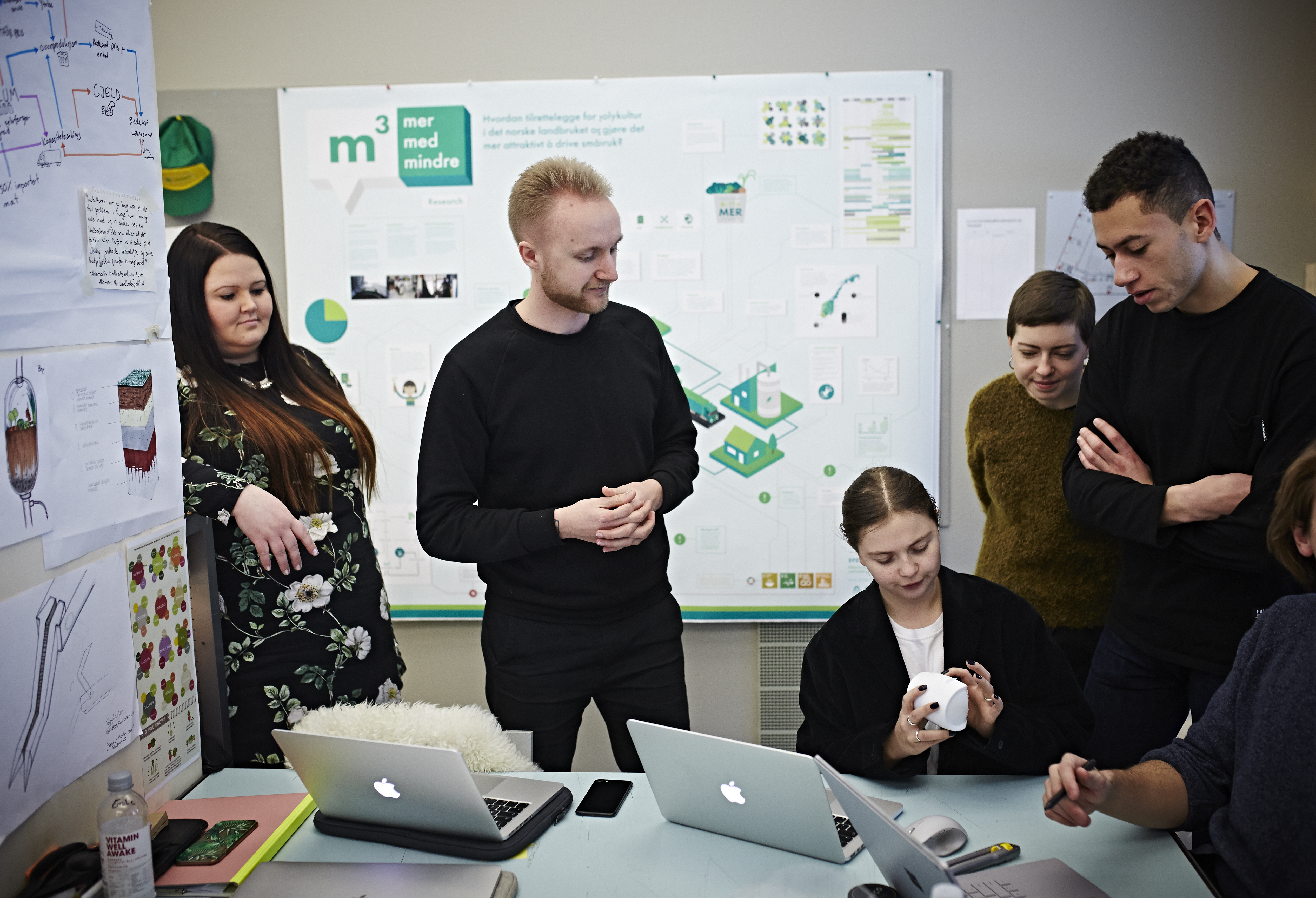 Five students discussing a prototype